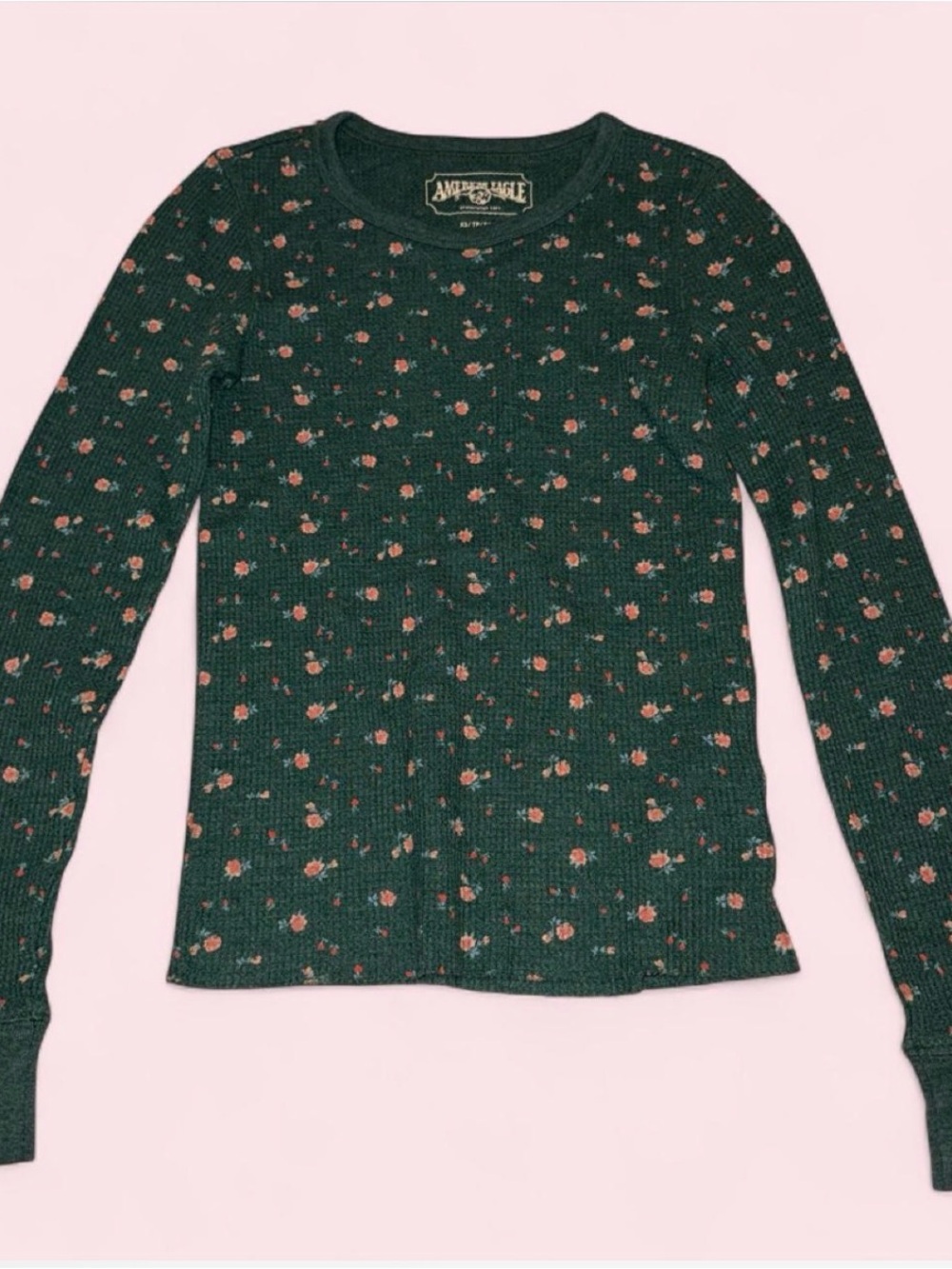 American Eagle Outfitters Dark Green Crewneck Floral Thermal Sweater